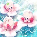  banana_(8771207) blue_eyes closed_eyes commentary_request drooling flower highres kirby kirby_(series) leaf lying multiple_persona on_back open_mouth petals sitting water 