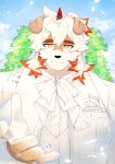  5_fingers anthro arknights canid canine canis claws clothed clothing domestic_dog fingers fur gair hair hi_res horn hung_(arknights) hypergryph jujurlyreckless male mammal orange_hair solo studio_montagne tan_body tan_fur white_body white_clothing white_fur white_hair yellow_eyes 
