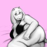  2024 anthro black_bra black_clothing black_underwear boss_monster_(undertale) bovid bra caprine clothing eyebrows eyewear female fur glasses goat hi_res komm64 lying mammal on_side pink_background raised_eyebrow simple_background solo toriel undertale_(series) underwear white_body white_fur 