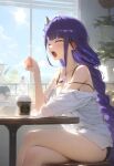 1girl breasts closed_eyes coffee dress genshin_impact long_hair non-web_source open_mouth raiden_shogun sitting solo yawning 