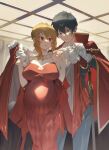  1boy 1girl absurdres angelica_rafa_redgrave black_hair blonde_hair breasts burn_scar cape cleavage commission danzir dress gloves highres large_breasts leon_fou_bartford otome_gee_sekai_wa_mob_ni_kibishii_sekai_desu pixiv_commission pregnant red_cape red_dress red_eyes scabbard scar scar_on_face sheath sword weapon white_gloves 