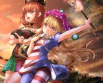  american_flag_legwear american_flag_shirt arm_up blonde_hair breast_lift breast_rest breasts chain choker clothes_writing cloud clownpiece cowboy_shot crossed_arms dutch_angle from_below hair_blowing hat hecatia_lapislazuli highres holding jester_cap large_breasts long_hair looking_at_viewer looking_to_the_side multicolored multicolored_clothes multicolored_skirt multiple_girls open_mouth outdoors pantyhose pointing pointy_ears polos_crown red_eyes red_hair red_sky shirt short_hair shounen_(hogehoge) single_tear skirt sky smile standing striped striped_legwear sunset t-shirt torch touhou 