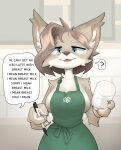  anthro apron apron_only black_nose blue_eyes brown_hair canid canine canis cheek_tuft choecoga clothing coyote dialogue ear_tuft english_text eyebrows facial_tuft female fur glass hair hi_res holding_glass holding_object holding_pen i_mean_breast_milk inner_ear_fluff looking_at_viewer mammal meme narrowed_eyes pen question_mark short_hair solo speech_bubble starbucks tan_body tan_fur text tuft 