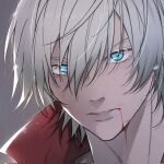  1boy androgynous bishounen blood blood_from_mouth blue_eyes close-up dante_(devil_may_cry) devil_may_cry_(series) devil_may_cry_3 eye_focus eyelashes hair_between_eyes highres limpidddd looking_at_viewer male_focus portrait solo white_hair 