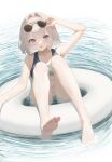  1girl bikini blue_eyes blush character_request copyright_request eyewear_on_head grey_hair highres innertube looking_at_viewer made_in_zhejiang navel open_mouth soles solo sunglasses swim_ring swimsuit water 
