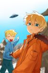  2boys ^_^ blonde_hair blue_eyes blue_jacket blue_sky blurry blurry_background brown_gloves butters_stotch closed_eyes colored_eyelashes drawstring forest fur-trimmed_hood fur_trim gloves hair_between_eyes highres holding_hands hood hood_down jacket kenny_mccormick long_sleeves looking_at_viewer male_focus multiple_boys nature open_clothes open_jacket open_mouth orange_jacket outdoors parka pocket pointing short_hair sike_(dvh_04) sky smile snow south_park teeth ufo undercut upper_teeth_only 