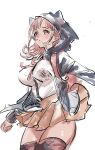  1girl breasts brown_hair cowboy_shot danganronpa_(series) danganronpa_2:_goodbye_despair flipped_hair hair_ornament hanamashinta highres hood jacket long_sleeves looking_at_viewer medium_hair nanami_chiaki neck_ribbon open_clothes open_jacket pink_eyes pink_ribbon ribbon shiny_clothes shirt shirt_tucked_in skirt solo spaceship_hair_ornament thighhighs two-tone_shirt white_shirt zettai_ryouiki 