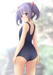  1girl ass bare_arms bare_shoulders blue_one-piece_swimsuit blurry blurry_background blush closed_mouth commentary_request depth_of_field from_behind hair_ribbon highres looking_at_viewer looking_back old_school_swimsuit one-piece_swimsuit original purple_eyes purple_hair red_ribbon ribbon school_swimsuit shibacha solo swimsuit twintails 