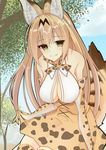  absurdres alternate_hair_length alternate_hairstyle animal_ears bare_shoulders blonde_hair bow bowtie breasts brown_eyes closed_mouth commentary covered_nipples day elbow_gloves gloves hanging_breasts head_tilt high-waist_skirt highres kemono_friends large_breasts long_hair looking_at_viewer older outdoors ra_9 serval_(kemono_friends) serval_ears serval_print serval_tail skirt skirt_hold smile solo striped_tail tail thighhighs tree very_long_hair 