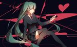  arm_support black_background black_jacket black_legwear black_skirt cellphone eyebrows_visible_through_hair floating_hair green_eyes green_hair grey_shirt hair_between_eyes hatsune_miku heart highres holding holding_phone jacket long_hair looking_at_viewer miniskirt necktie nezumi_(tuboshu2013) phone shirt sitting skirt smartphone solo thighhighs twintails very_long_hair vocaloid zettai_ryouiki 