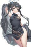  1girl bare_shoulders black_dress black_hair blue_archive blush braid braided_bun breasts butterfly_hair_ornament china_dress chinese_clothes coat double_bun dragon_print dress grey_eyes hair_bun hair_ornament halo highres kisaki_(blue_archive) long_hair looking_at_viewer oshage_(osyage921) pelvic_curtain solo striped_coat thighs 
