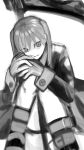  1girl absurdres boots cardigan gloves hair_over_one_eye hands_on_own_knees head_tilt highres holding holding_scythe holding_weapon hugging_own_legs long_sleeves maka_albarn monochrome sanma_(sss_sss_ssu) scythe sleeve_cuffs solo soul_eater twintails weapon 