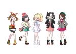  5girls ;) arm_behind_back asymmetrical_bangs bag black_choker black_footwear black_hair black_jacket black_shorts blonde_hair blue_eyes blush_stickers bow bracelet brown_footwear brown_hair choker clenched_hand clenched_hands closed_eyes closed_mouth dress eyelashes fanny_pack full_body gloria_(pokemon) green_hat green_shorts grey_jacket hair_bow hand_on_own_hip hat highres jacket jewelry lillie_(pokemon) long_hair looking_at_viewer marnie_(pokemon) may_(pokemon) miin_(toukotouya) multiple_girls one_eye_closed open_clothes open_jacket open_mouth pink_dress pleated_skirt pokemon pokemon_oras pokemon_sm pokemon_swsh ponytail red_bow red_hat red_shirt selene_(pokemon) shirt shoes short_hair shorts shoulder_bag skirt sleeveless sleeveless_shirt smile twintails white_background white_footwear white_shirt white_skirt yellow_footwear yellow_shirt 