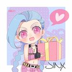  1girl arm_tattoo blue_hair braid bullets chibi fang gift jinx_(league_of_legends) league_of_legends pink_eyes solo twin_braids 