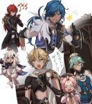  3boys 3girls 403pa aether_(genshin_impact) ahoge animal_ears antenna_hair aqua_hair arm_armor armor black_gloves black_hat black_jacket black_necktie black_pants black_scarf black_shirt blonde_hair blue_eyes blue_gemstone blue_hair blue_vest boots brown-framed_eyewear cape card cat_ears cat_girl clenched_hands closed_eyes closed_mouth collared_shirt constellation_print crystal_hair_ornament dark-skinned_male dark_skin diluc_(genshin_impact) diona_(genshin_impact) door dress earrings eyepatch fang fingerless_gloves floral_print flying fur_trim gem genshin_impact glasses gloves grey_hair grey_shirt hair_between_eyes hair_ornament halo hands_up hat highres holding holding_card jacket jewelry kaeya_(genshin_impact) lapels long_hair long_sleeves looking_at_another mechanical_halo menacing_(jojo) multiple_boys multiple_girls necktie no_eyes open_clothes open_jacket open_mouth open_vest orange_cape orange_eyes paimon_(genshin_impact) pants pink_dress pink_hair ponytail puffy_long_sleeves puffy_sleeves purple_eyes red_gemstone red_hair romper running scarf semi-rimless_eyewear shaded_face shirt short_hair short_sleeves shoulder_armor simple_background single_earring smile speech_bubble standing star_(symbol) sucrose_(genshin_impact) suit sweatdrop tassel teeth thumbs_up topknot v-shaped_eyebrows vest vision_(genshin_impact) white_background white_footwear white_hat white_romper white_scarf white_shirt white_vest yellow_eyes 