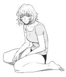  1girl between_legs blush closed_mouth dungeon_meshi falin_touden full_body greyscale hand_between_legs highres looking_at_viewer monochrome no_pants panties samoyook shirt short_hair short_sleeves simple_background sitting smile t-shirt underwear wariza white_background 