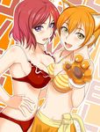  :d animal_ears bikini blush breasts cleavage denson fang gloves hand_on_another's_shoulder hand_on_hip highres hoshizora_rin looking_at_viewer love_live! love_live!_school_idol_project medium_breasts multiple_girls navel nishikino_maki open_mouth orange_hair paw_gloves paws purple_eyes red_bikini red_hair smile striped striped_bikini swimsuit 