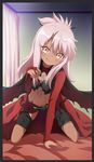  :q bangs bed_sheet black_border blush border cape chloe_von_einzbern closed_mouth curtains dark_skin eyebrows_visible_through_hair fate/kaleid_liner_prisma_illya fate_(series) hair_between_eyes highres indoors kneeling long_hair looking_at_viewer multicolored multicolored_eyes pink_hair shimejinameko sidelocks smile solo tongue tongue_out torn_cape torn_clothes 