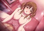  1boy 1girl bar_censor blurry blurry_background breasts brown_eyes brown_hair censored completely_nude cowgirl_position girl_on_top hair_ribbon heart heart_necklace hetero idolmaster idolmaster_cinderella_girls indoors jewelry large_breasts marugoshi_(54burger) medium_hair motion_lines necklace nipples nude open_mouth pink_ribbon ribbon sex solo_focus straddling totoki_airi vaginal 