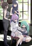  4girls absurdres aqua_hair arius_squad_(blue_archive) atsuko_(blue_archive) bandaged_wrist bandages black_hair black_pants black_shirt blue_archive blue_eyes blue_hair braiding_hair breasts brushing_hair dress flower green_eyes grey_shirt grey_tank_top hair_ornament hair_over_one_eye hairclip hairdressing halo highres hiyori_(blue_archive) large_breasts long_hair long_sleeves magazine_(object) medium_breasts misaki_(blue_archive) multicolored_hair multiple_girls open_mouth pants pizzasi purple_hair red_eyes saori_(blue_archive) shirt short_hair side_ponytail sitting skirt sleeveless sleeveless_turtleneck socks squatting tank_top turtleneck white_dress white_skirt white_socks window window_shadow 
