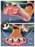  2024 absurd_res anthro comic_panel extreme_size_difference feet felid female foot_fetish foot_focus foot_play hi_res macro mammal micro pantherine pawpads paws sex size_difference solo step_pose step_position stepped_on stomped stomping stripes thaismotosuwa tiger 