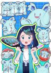  1girl black_hair black_shorts blue_eyes blush cardigan closed_mouth eyelashes glowstick hair_ornament hairclip hand_fan highres holding holding_fan jacket liko_(pokemon) mascot_costume multicolored_hair nidothing nihiro_(erxun11) open_clothes open_mouth pants penlight_(glowstick) pokemon pokemon_(anime) pokemon_horizons purple_hair shirt shorts smile teeth white_shirt 