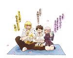  2boys blonde_hair carpet commentary_request eating fate/grand_order fate_(series) food food_in_mouth jewelry mash_kyrielight misuko_(sbelolt) multiple_boys necklace open_mouth petals purple_hair sakata_kintoki_(fate/grand_order) short_hair simple_background sitting smile sunglasses translation_request white_background 