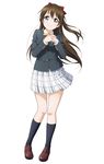  absurdres artist_request black_jacket black_legwear blue_eyes brown_hair floating_hair full_body hair_ribbon hands_together head_tilt highres jacket kneehighs long_hair looking_at_viewer love_live! love_live!_school_idol_festival miniskirt neck_ribbon official_art ousaka_shizuku perfect_dream_project pleated_skirt red_ribbon ribbon shirt simple_background skirt smile solo standing very_long_hair white_background white_shirt white_skirt yellow_ribbon 