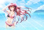  bikini black_bikini brown_hair cloud cowboy_shot day frilled_bikini frills front-tie_top hair_ornament kantai_collection kisaragi_(kantai_collection) light_rays long_hair looking_at_viewer navel one_eye_closed purple_eyes sky solo sunbeam sunlight swimsuit takamichis211 wading water 