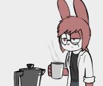  anthro beverage breasts clothing coffee coffee_mug coffee_pot container cup dr._emilia_(e254e) e254e eye_bags eyewear facial_scar female glasses jacket lagomorph leporid mammal monday natural_breasts rabbit red_eyes scar small_mouth solo steam tired topwear wince 