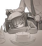  1boy 1girl birthday_cake blue_archive cake candle closed_eyes clothes_blanket covering_with_blanket food fuuka_(blue_archive) hair_between_horns hat head_scarf highres horns long_hair long_sleeves necktie no_halo party_hat plate scarf senpaihawkkun sensei_(blue_archive) shirt sitting sleeping sleeping_on_desk table 