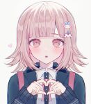  1girl breasts brown_hair collared_shirt danganronpa_(series) danganronpa_2:_goodbye_despair flipped_hair galaga hair_ornament hood jacket long_sleeves medium_hair mi_suri nanami_chiaki neck_ribbon pink_eyes ribbon shirt solo white_shirt 