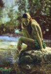  1girl akreon breasts brown_hair cd_projekt_red colored_skin dryad elf green_skin gwent_(game) hair_ornament hydrokinesis long_hair magic nature official_art plant_clothing pointy_ears river solo the_witcher_(series) water 
