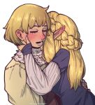  2girls blonde_hair braid closed_eyes dungeon_meshi english_commentary falin_touden feathers highres illogical_snoos kiss kissing_neck long_hair lower_teeth_only marcille_donato multiple_girls open_mouth pointy_ears short_hair simple_background teeth white_background yuri 