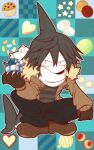  1boy black_gloves black_pants blue_background blue_hair box brown_footwear brown_jacket buttons candy colored_skin cookie cupcake dot_nose fins fish_tail food funamusea funamusea_(artist) fur-trimmed_jacket fur_trim gift gift_box gloves grey_shirt hair_between_eyes head_fins heart holding holding_gift jacket jelly_bean light_blush looking_at_viewer macaron male_focus no_mouth official_art oounabara_to_wadanohara open_clothes open_jacket pants patterned_background samekichi_(funamusea) scarf shark_boy shark_fin shark_tail shirt slit_pupils solo squatting star_(symbol) striped_clothes striped_shirt tail valentine white_scarf white_skin 