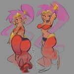  1girl arms_behind_head ass black_eyes breasts dancer dark-skinned_female dark_skin dkajart earrings gold_earrings grey_background highres jewelry long_hair looking_at_viewer midriff pants pk_draws_40 pointy_ears purple_hair red_pants shantae shantae_(series) 