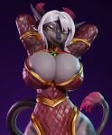  2024 2_horns anthro areola areola_slip biped breasts cleavage clothed clothing connivingrat female gradient_background hair hands_behind_head hi_res horn looking_at_viewer mammal multicolored_body simple_background skimpy smile smirk solo standing suggestive_look suggestive_pose tail white_hair y&#039;vraine_(londryx) yellow_eyes 
