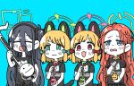  4girls animal_ear_headphones animal_ears aris_(blue_archive) black_hair black_shirt blonde_hair blue_archive blue_background blue_eyes closed_eyes commentary_request fake_animal_ears forehead ganbarutoufu green_eyes halo headphones highres instrument long_hair midori_(blue_archive) momoi_(blue_archive) multiple_girls orange_hair print_shirt red_eyes shirt short_sleeves t-shirt upper_body very_long_hair yuzu_(blue_archive) 