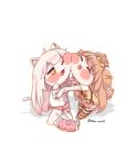  2girls :3 :p ahoge animal_ear_fluff animal_ears barefoot bell blush blush_stickers bow brown_eyes brown_hair butter_(trickcal) cat_ears cat_girl cat_tail cheek-to-cheek cheek_press cheek_squash chibi closed_eyes dog_ears dog_girl dog_tail fang hair_bow heads_together highres holding_hands jingle_bell komi_(trickcal) long_hair multiple_girls neck_bell nion_smarl one_eye_closed open_mouth pillow pink_shorts ribbon shirt short_sleeves shorts smile striped_clothes striped_thighhighs tail thighhighs tongue tongue_out trickcal white_hair white_shirt yellow_ribbon yellow_shirt 