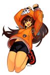  1girl :d absurdres arms_up bike_shorts black_gloves blush breasts brown_eyes brown_hair cabbie_hat english_commentary fingerless_gloves full_body gloves guilty_gear hat highres hood hoodie long_hair long_sleeves looking_at_viewer may_(guilty_gear) navel open_mouth orange_hat orange_hoodie skull_and_crossbones smgold smile solo teeth upper_teeth_only white_background 