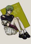  1boy aged_down blue_eyes cracked_skin facial_mark green_hair hair_ornament hairclip higashikata_jobin highres jacket jojo_no_kimyou_na_bouken jojolion male_focus open_clothes open_jacket pale_skin solo swampland tank_top 