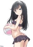  1girl alternate_color asashio_(kancolle) ball beachball bikini bikini_skirt black_bikini black_hair breasts butt_crack commentary_request cosplay fuji_(pixiv24804665) highres holding holding_ball kantai_collection kasumi_(kancolle) kasumi_(kancolle)_(cosplay) kasumi_kai_ni_(swimsuit_mode)_(kancolle) long_hair simple_background small_breasts smile solo swimsuit white_background 