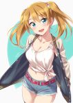  1girl :d aqua_background aqua_eyes belt blonde_hair blush breasts cleavage collarbone cowboy_shot denim denim_shorts hair_between_eyes hair_ornament hair_scrunchie hands_in_pockets head_tilt heart heart_background inou_shin jacket jennifer_(love_live!) large_breasts letterman_jacket long_hair love_live! love_live!_school_idol_festival midriff navel open_mouth raised_eyebrows ribbed_tank_top scrunchie shirt short_shorts shorts signature smile solo tank_top teeth tied_shirt twintails upper_teeth_only white_tank_top 