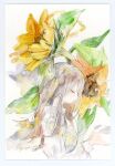  1girl border brown_hair closed_eyes flower from_side grey_shirt kazuka long_hair long_sleeves original painting_(medium) shirt solo sunflower traditional_media upper_body watercolor_(medium) white_background 