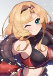  absurdres blonde_hair cleavage_cutout clothing_cutout granblue_fantasy hairband highres jacket looking_at_viewer omoch_mcmc one_eye_closed oversized_jacket red_jacket two-sided_fabric two-sided_jacket two-tone_gloves two-tone_hairband zeta_(granblue_fantasy) zeta_(grand)_(granblue_fantasy) 