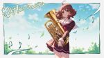  1girl ahoge blue_sky border brown_eyes brown_hair brown_shirt brown_sleeves closed_mouth cloud cowboy_shot day euphonium grey_border hibike!_euphonium highres holding holding_instrument instrument kitauji_high_school_uniform long_sleeves looking_at_viewer musical_note neckerchief oumae_kumiko outdoors outside_border panpanmeiyou_hp pleated_skirt red_neckerchief sailor_collar school_uniform serafuku shirt short_hair skirt sky smile solo standing translation_request tree white_sailor_collar wind 