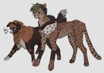  2boys angry animal_focus animalization barking beanie blue_eyes brown_fur cheetah dainenjiyama_aisho dog facial_mark green_hair hat higashikata_jobin highres hood hoodie jacket jitome jojo_no_kimyou_na_bouken jojolion multiple_boys no_humans swampland tied_jacket white_background 