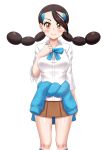  1girl black_hair blue_bow blue_bowtie blue_sweater blush bow bowtie breasts brown_skirt candice_(pokemon) closed_mouth clothes_around_waist collared_shirt commentary_request els_(ljhlee12) eyelashes hand_up highres kneehighs knees korean_commentary long_hair multi-tied_hair pleated_skirt pokemon pokemon_dppt shiny_skin shirt simple_background skirt smile socks solo sweater sweater_around_waist twintails white_background white_shirt 