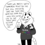  2016 ambiguous_gender anthro clothed clothing drawdroid english_text fingerless_gloves fully_clothed gloves greyscale hi_res hoodie ian_(drawdroid) mammal marsupial monochrome open_mouth opossum quoting rainbow rat_tail relatable sharp_teeth simple_background solo speech_bubble standing teeth text the_truth tongue white_background 