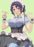  1girl :o alternate_costume apron blue_hair blue_shirt blush breasts commentary_request emu_(emum) enmaided green_background holding idolmaster idolmaster_million_live! looking_at_viewer maid maid_apron maid_headdress medium_breasts plaid plaid_shirt puffy_short_sleeves puffy_sleeves shirt short_sleeves simple_background solo toyokawa_fuka wrist_cuffs yellow_eyes 